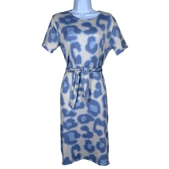 Michael Edwards Blue Animal Print Tie Front Stretch Jersey Dress Women's Large - Picture 1 of 11